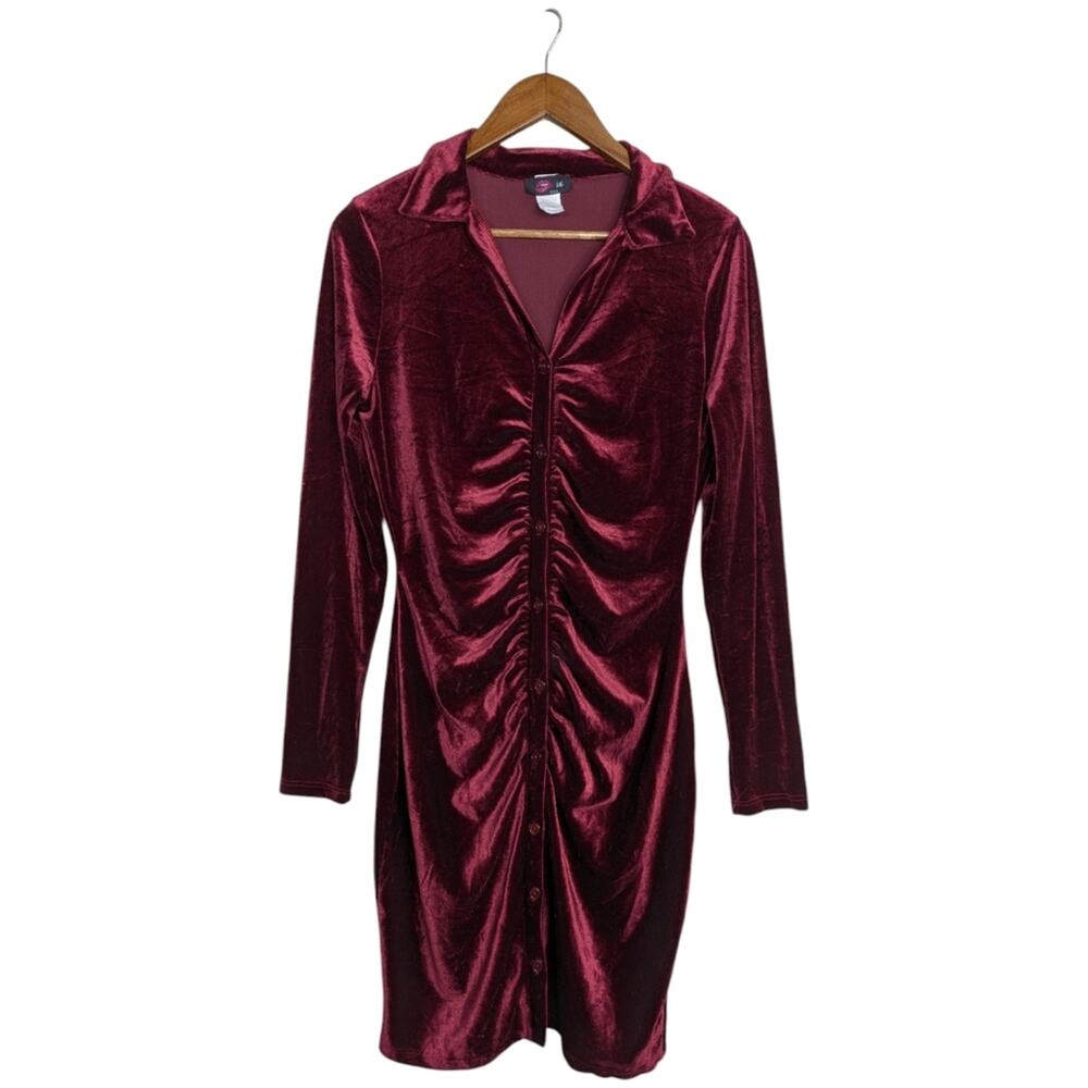 INC USA Ruched Velvet Shirt Dress Medium Red Y2K Witchy Glam Glam Vampy